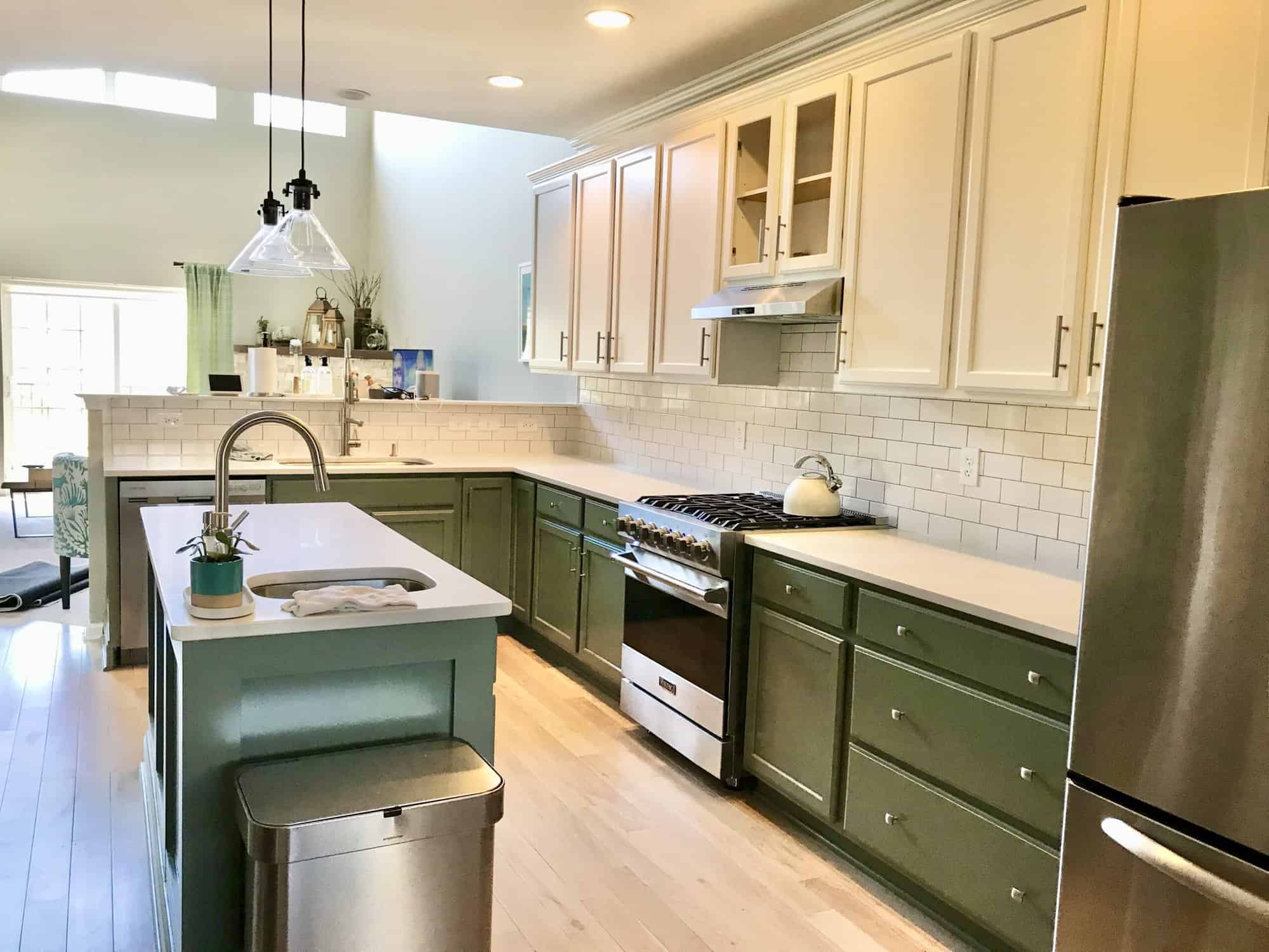 white and green kitchen cabinets